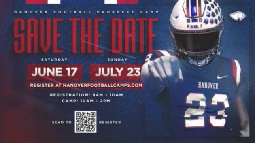 🚨 9 Days til Hanover 🏈 Prospect Camp 🚨
📍 - Alumni Stadium, Hanover, IN
🗓️ - Saturday June 17th 
⏰ - Registration 9 AM EST
🔓 - Fall 2023 Grades 9 - 12
🔗 - HanoverFootballCamps.com
@HanoverFTBL
#HuntForGreatness 🔴⚪️🔵