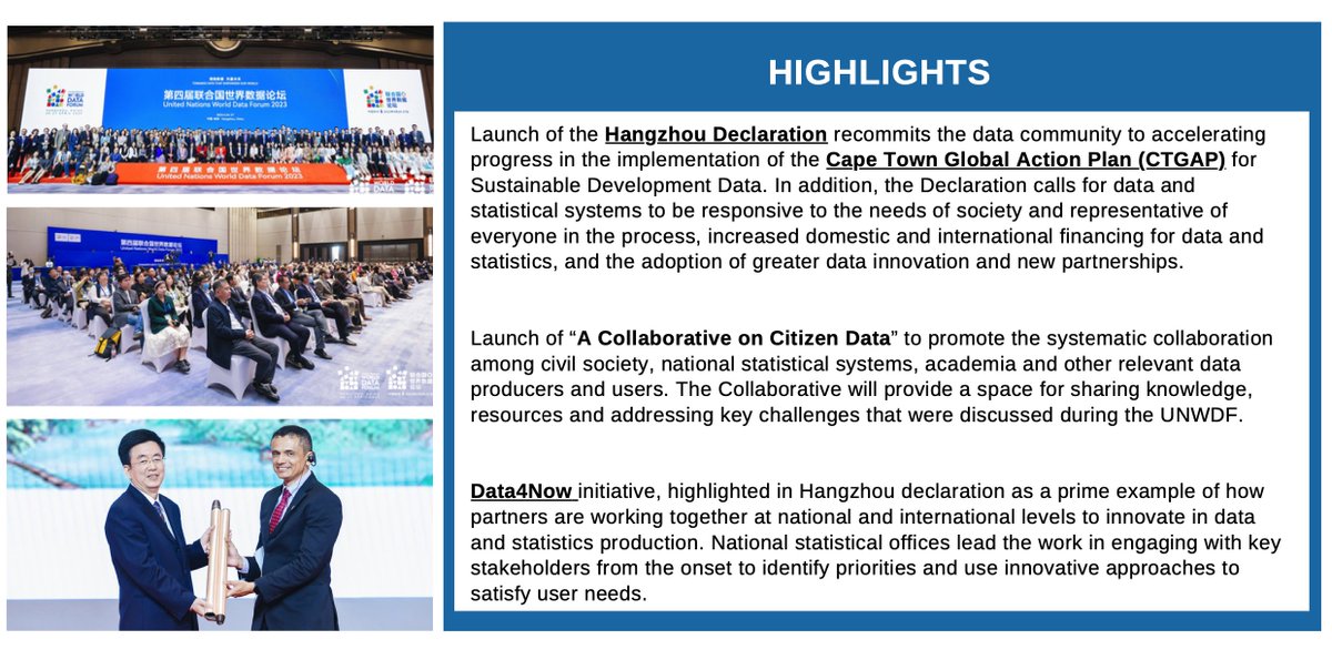 🌍 A quick snapshot of the #UNDataForum 2023 🌐 160+ countries represented 🎙️ 90+ plenaries, parallel sessions & short talks 🎉 30+ special events & exhibitions #DataPartnerships & #DataInnovation fueling data-driven insights! 🚀 📊 👇 unstats.un.org/unsd/undatafor…