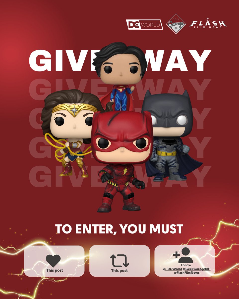 DCFilmNews's tweet photo. THE FLASH FUNKO POP GIVEAWAY! 

Celebrating the release of the #TheFlashMovie, &amp; thanks to DC World, we’re giving away 4 Funko Pops to 1 lucky winner.

To Enter
⚡️LIKE &amp; RT THIS TWEET
⚡️FOLLOW US, @_DCWorld &amp; @GeekGarageUK1

Winner announced JUNE 16! Open worldwide. Ends June 12. https://t.co/VCmdZXlvIy