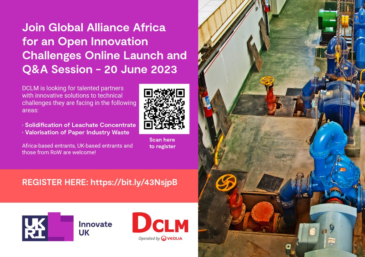 IUK_Global's tweet photo. 🚨 Event Notification: Join #GlobalAllianceAfrica and @DCLM181 
for an #OpenInnovation Challenges Online Launch and Q&amp;A Session - 20 June 2023.

Register here: https://t.co/fJRhQivX9H 

#africachallenge #UKAid #ATIP @VeoliaSouth @innovateuk @KTNUK @FCDOGovUK @BabarJavedGAA https://t.co/iFNU1r2tQq