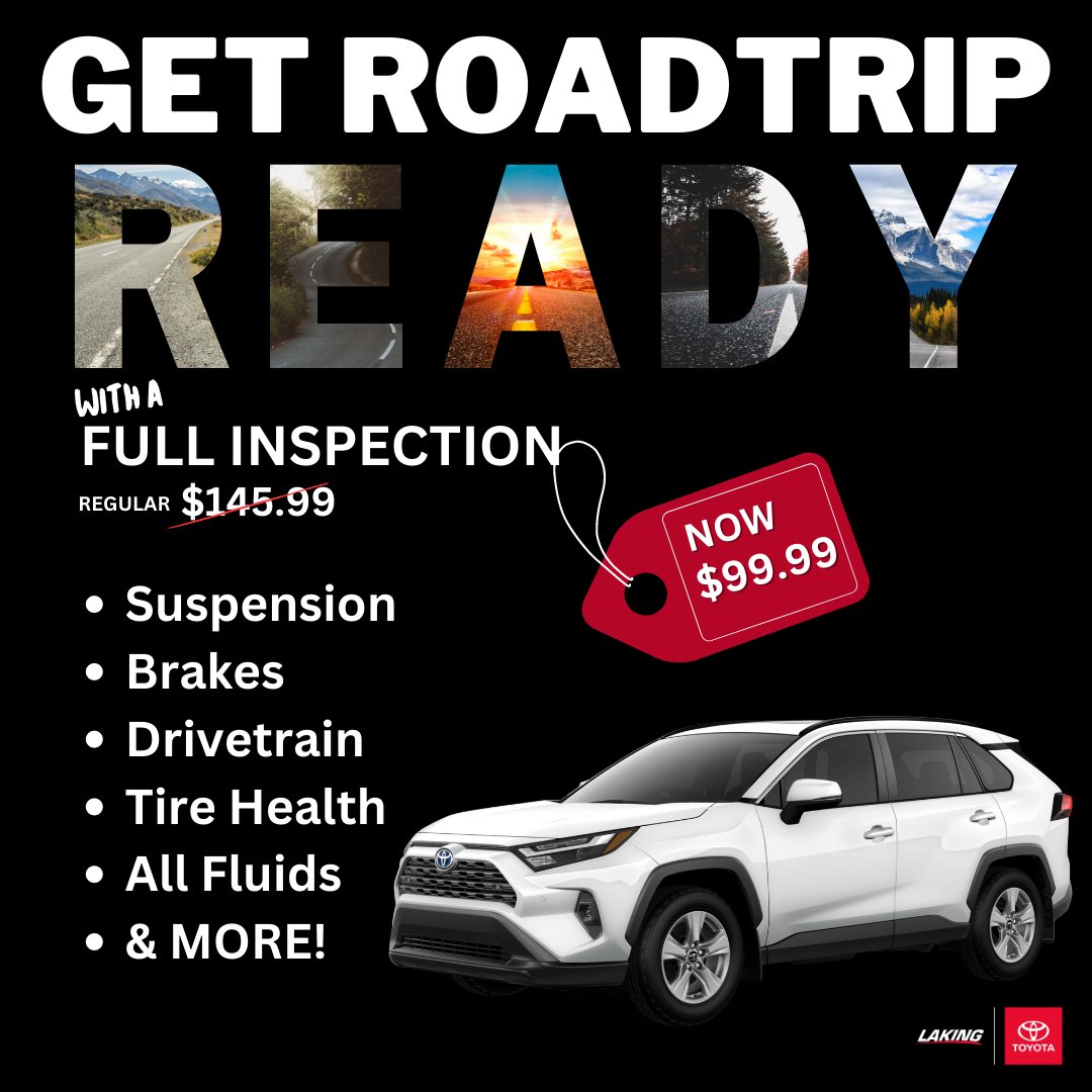 📣Get Road Trip Ready at Laking Toyota! 🛣️
With a FULL Inspection - Now $99.99!✨
 👉 Book Now! ☎️ 705.674.7534
-
-
-
#service #toyota #roadtripready #inspection #lakingtoyota #booknow #sudbury #ready #summer