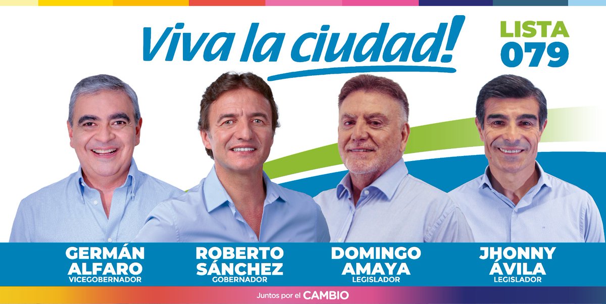 Acompañanos este domingo
#VivaLaCiudad #LISTA079

#RobertoSanchezGobernador
#germánalfarovicegobernador
#beatrízávilaintendente

#DomingoAmayaLegislador
#jhonnyavilalegislador
#danielalfaroconcejal
#sandramirandaconcejal

#juntosPodemos #JxC