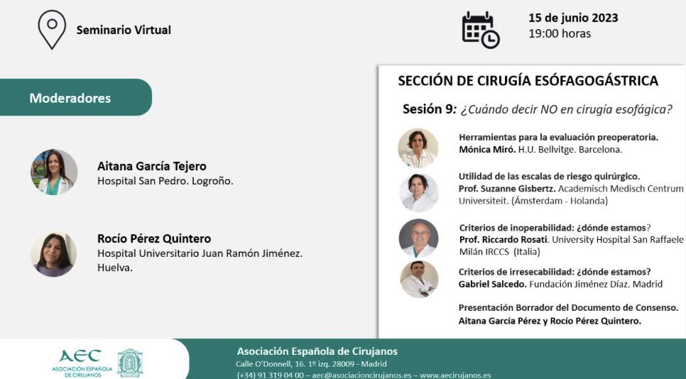Decidir que 1 paciente👎🏽NO es QUIRÚRGICO a veces no es fácil💆🏻‍♀️
🔍En esta webinar daremos herramientas para que tomes la mejor decisión en Cáncer esofágico👨🏻‍⚖️
🔥Ponentes nacionales e internacionales
<a href="/aecirujanos/">aecirujanos</a> <a href="/cirugiaespanola/">Cirugía Española</a> <a href="/santiazagra/">Juan Santiago Azagra</a> <a href="/MarcosBruna_/">Marcos Bruna</a> 

us02web.zoom.us/webinar/regist…