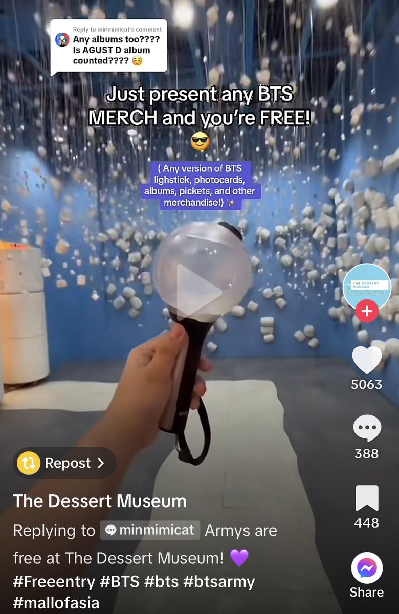 filo armys, apparently we can enter the dessert museum for free as long as we bring any bts merch 👀

source: vt.tiktok.com/ZSL2LqCyk/