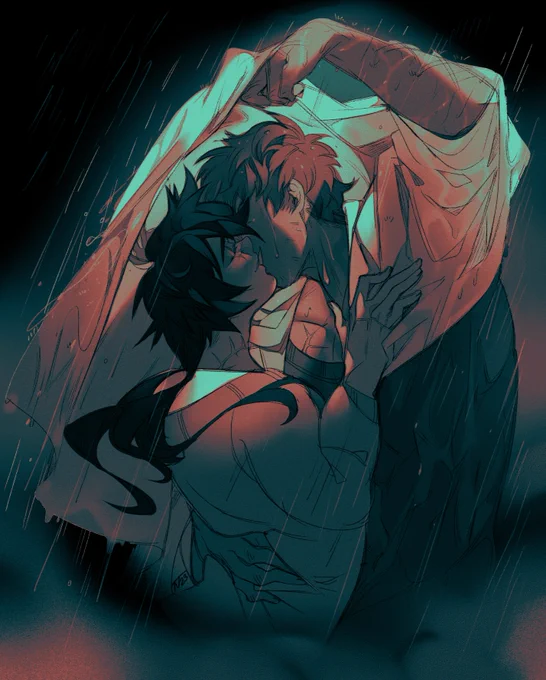 Towa thinks walking into the rain and pulling Taku into a kiss will be funny and romantic but instead Taku is like "sweetie you'll catch a cold, like, actually????"  #タクトワ #スロダメ #slowdamage #スロウ・ダメージ #takutowa