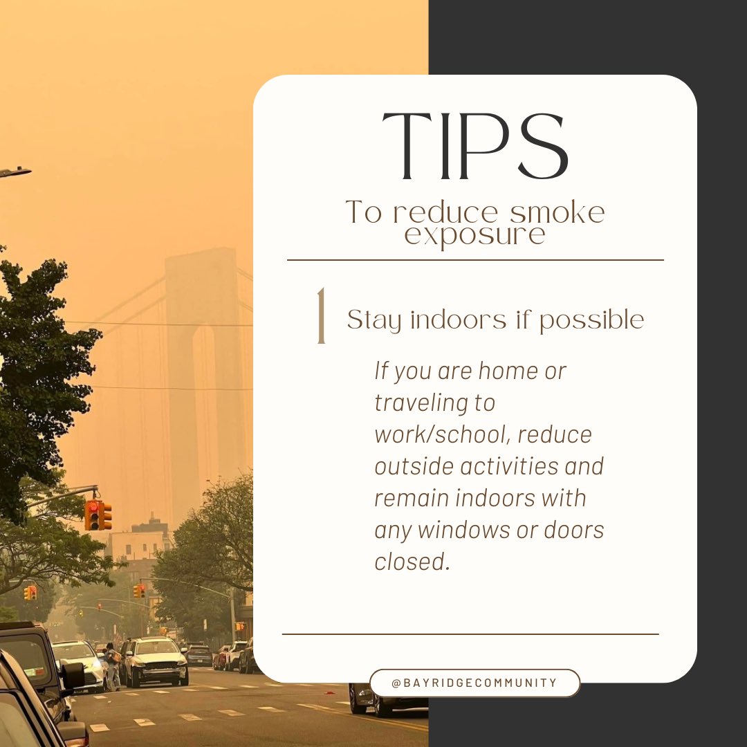 bay_development's tweet photo. Due to the Air Quality Health Advisory in effect, the #BRCDC office is closed. We want to ensure our community is safe, so here are some tips on how to stay safe. We care about our community and those affected by the current conditions, so please Stay Safe NYC! #BayRidge https://t.co/bBeACDM3Oy