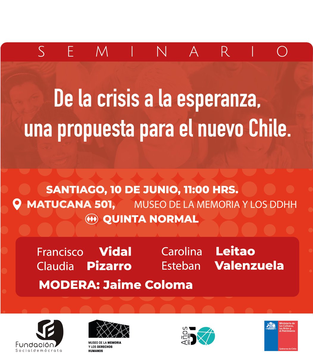 La Fundación Socialdemócrata te invita a participar este Sábado 10 de junio a las 11hrs en Museo de la Memoria y DDHH, para conversar y debatir sobre el nuevo Chile y su proyecto. Te esperamos!!!
