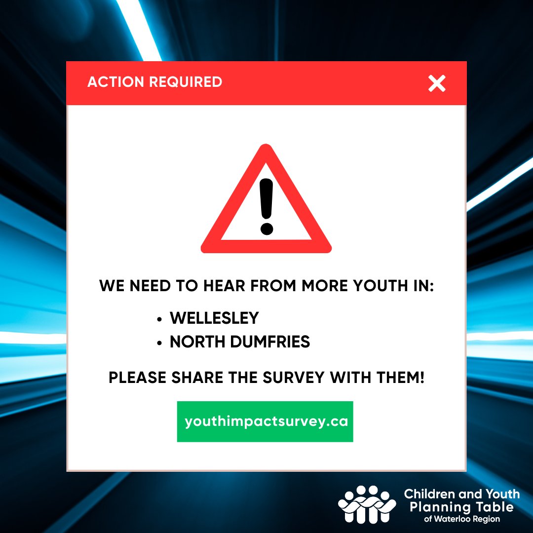 [1/2] ALERT!🚨 We need to hear from more youth aged 9-18 in Wellesley and North Dumfries! Without their #YouthImpactSurvey responses, we can't disaggregate the data and get closer details about young people's experiences in these townships.

youthimpactsurvey.ca
