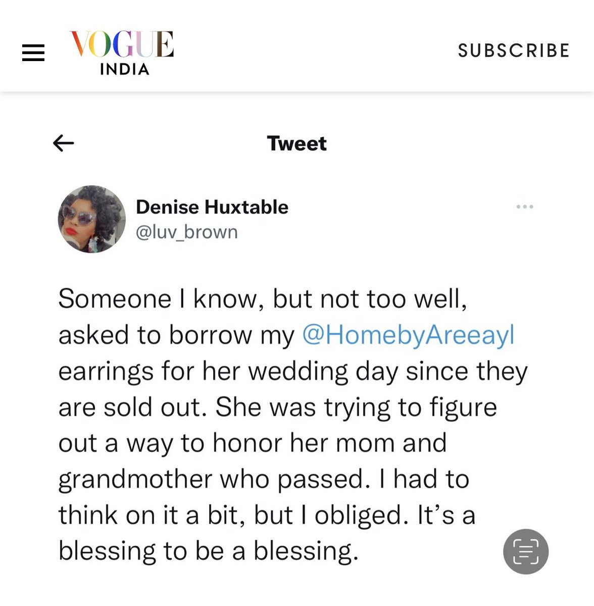 HomebyAreeayl's tweet photo. Shout out to this Queen customer who made it to the @VOGUEIndia article 💞 This makes me so happy @luv_brown  💐 read more here: https://t.co/fVnVOtnQik https://t.co/LINgoFeyLV