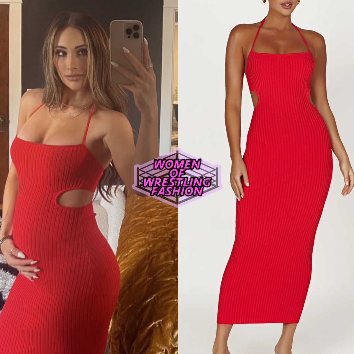 CarmellaWWE is wearing the Morgan Halter Knit Midi Dress in Red from  #Meshki ($65)