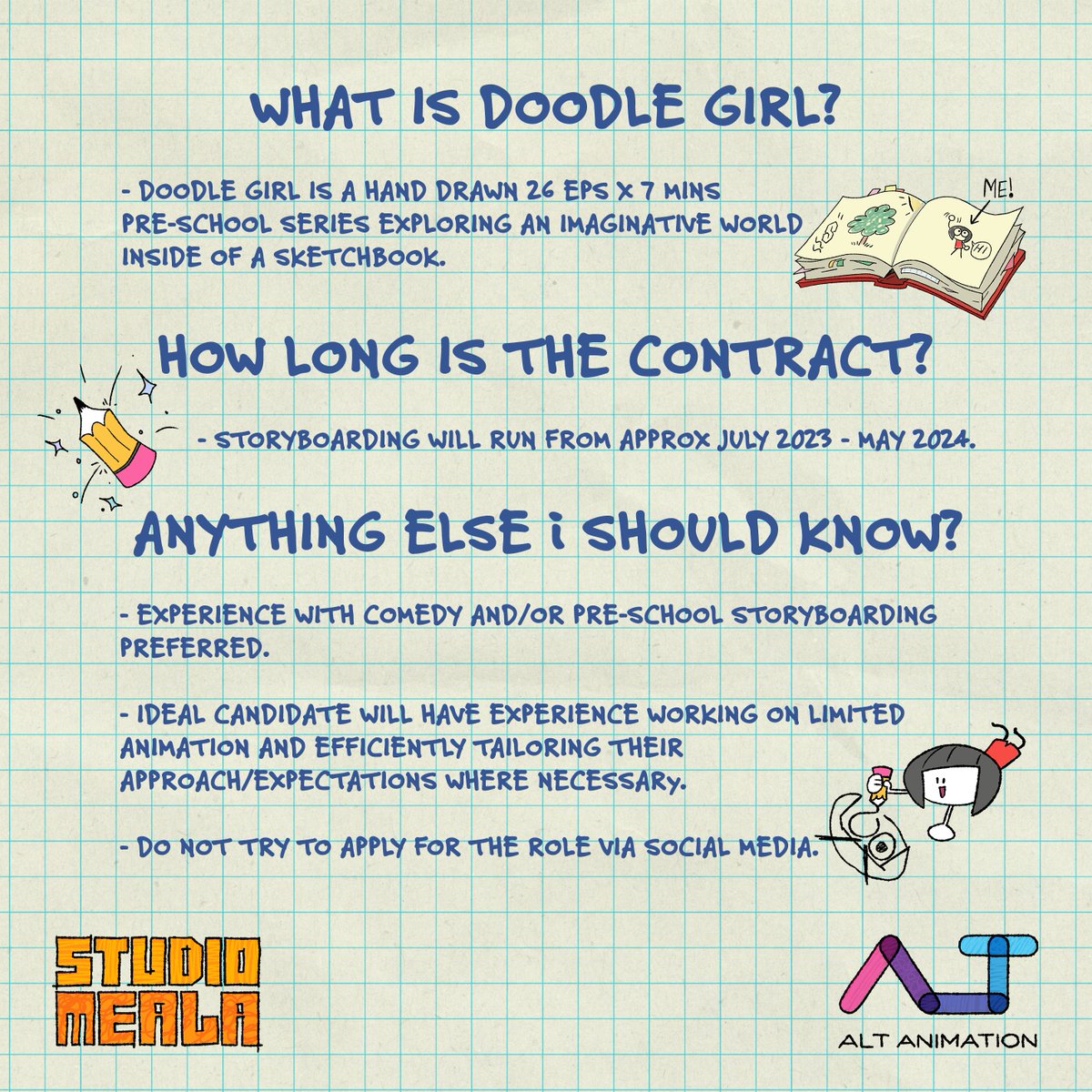 🐝WE'RE HIRING🐝
.
We're looking for Storyboard Artists to join Studio Meala on 'Doodle Girl', a 26 eps x 7 mins Pre-School Series exploring an imaginative world inside of a sketchbook.
.
If interested, please read the full job description and apply here:
forms.gle/XyLU39pabb2z5K…