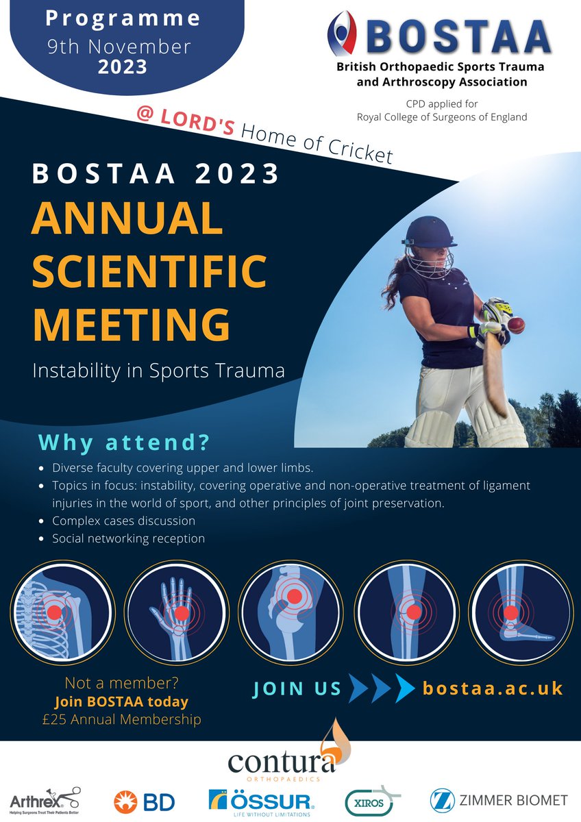 medxevents's tweet image. 📢 @BOSTAA_UK  Annual Scientific Meeting 2023 - #instability in #sports #trauma takes place on Thursday 9th November at Lord&apos;s - Home of Cricket!

📢 Diverse expert speakers ready to make the content as incredible as the surroundings.

📢 Dust off the old Gray-Nicholls, bleach…