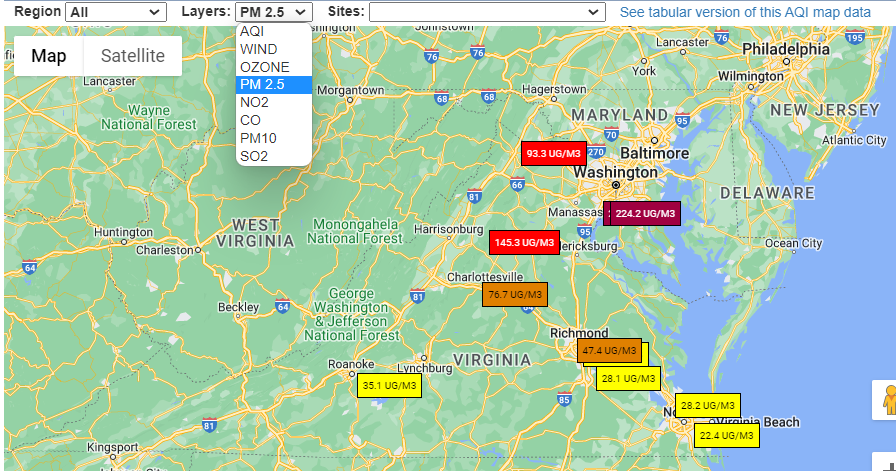 <a href="/WhitneyPipkin/">Whitney Pipkin</a> <a href="/fairfaxcounty/">Fairfax County Government 🇺🇸</a> <a href="/AIRNow/">airnow</a> This map shows real-time info on multiple pollutants. You can filter by pollutant and view data at each location. Each box is colored w/ the health-based Air Quality Index for that pollutant. <a href="/AIRNow/">airnow</a> uses DEQ's data. We will share your feedback with the application developer.
