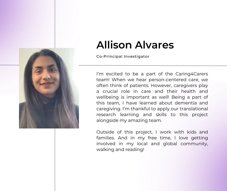 C4C_TRP's tweet photo. Swipe through to get to know our Caring4Carers team!

Learn more about our research project by visiting our website https://t.co/CZow23fFnc or by checking out the rest of our page (@c4c_trp).

#Dementia #Alzheimers #Caregiving #YoungCaregiving #YoungCarers #Caregiving https://t.co/fjhB11FOaf