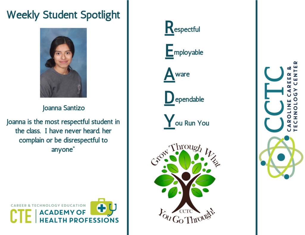CCTC_CCPS's tweet photo. Congratulations to the following students for earning this weeks READY Student Spotlight. As always, students are nominated for being READY meaning:
Respectful
Employable
Aware
Dependable
You Run You
Keep up the amazing work, we see you! #CCTCReady
(Post 1 of 2) https://t.co/l5SrkYTjLX