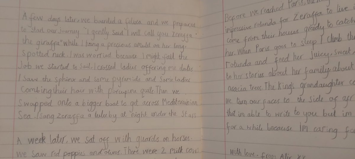 Look at this amazing progress.  Below is a sample of writing from the beginning of Year 2 and next to it a recent piece of work. Progress with letter formation, content and output. Excellent.