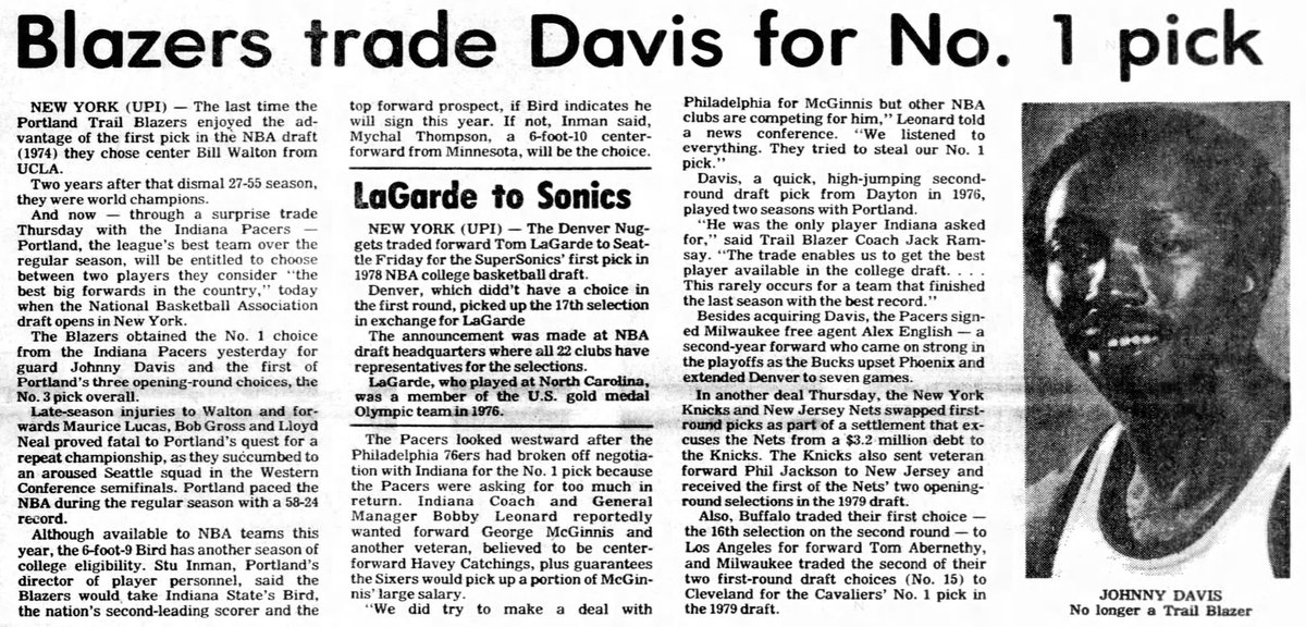 77Blazers's tweet photo. June 8 1978 - The @trailblazers trade #JohnnyDavis & #3 pick to @Pacers for #1 pick in @NBADraft, which will be held tomorrow.
#Blazers VP #StuInman said Portland will select #LarryBird "if he will sign this year." If not, the Blazers will select #MychalThompson
#RipCity https://t.co/i08GLXCSMy