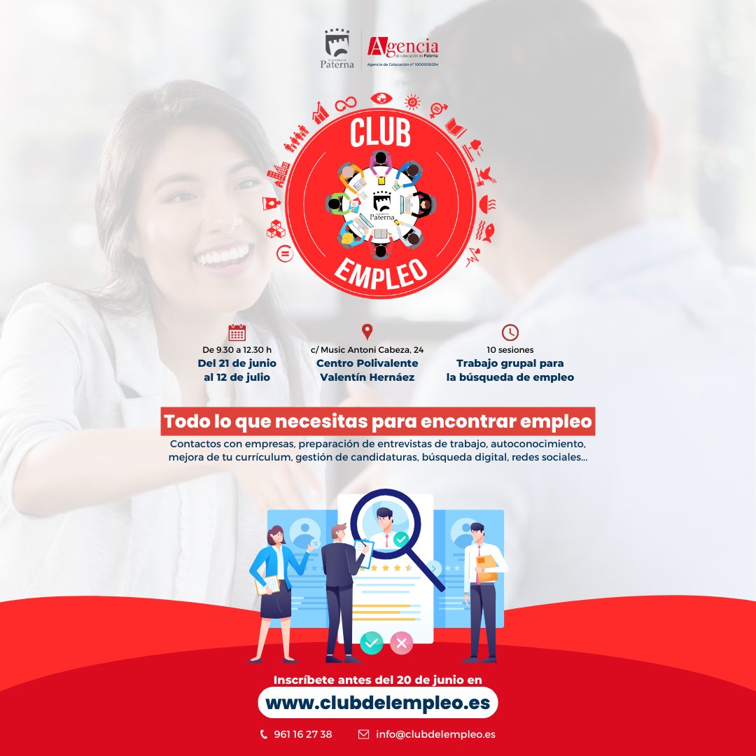 ¿Has visto nuestro próximo proyecto? 👉 Pronto comenzamos con el 𝗖𝗟𝗨𝗕 𝗗𝗘𝗟 𝗘𝗠𝗣𝗟𝗘𝗢 en Paterna 😍

Toda la info en clubdelempleo.es y, si te gusta la idea, escríbenos a 💌 info@rhenpositiu.es 💛

#empleo #formación #orientación #inserción #paterna #rhenpositiu