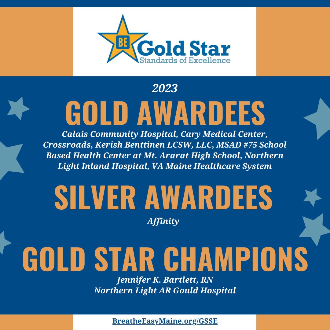 Twenty-eight organizations received recognition through the 2023 Gold Star Standards of Excellence! Congratulations to these organizations that have implemented best practice strategies to address tobacco use and exposure. Learn more: breatheeasymaine.org/gold-star-stan…