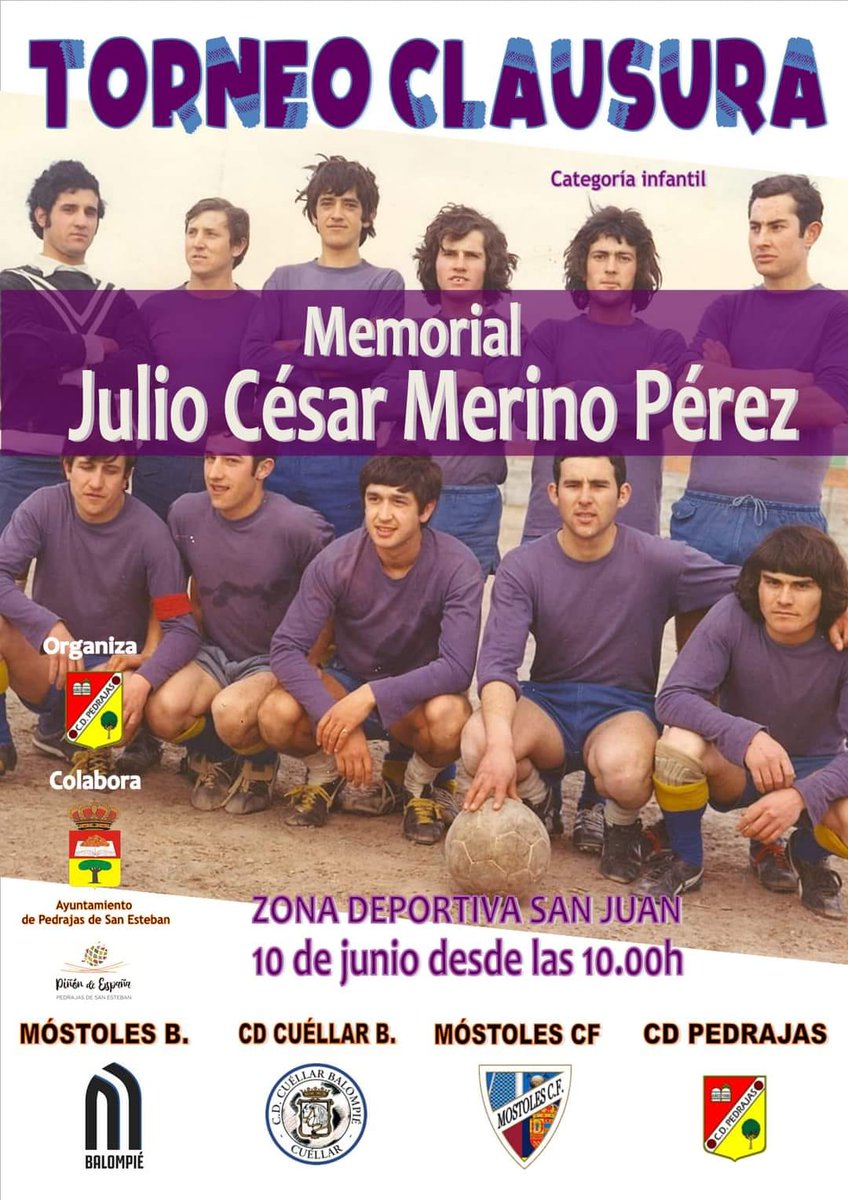 CulturaPedrajas's tweet photo. ⚽️Torneo Clausura @CDPedrajas  - Memorial Julio César Merino Pérez⚽️

🗓️sábado, 10 de junio
🕙10h. 
📍Zona deportiva "San Juan" @AytoPedrajas 

🏟️Equipos participantes (categoría infantil):
@mostbalompie B
@CD_Cuellar B
@Mostoles_cf 
@CDPedrajas 

#ElPiñóndeEspaña https://t.co/MCWdY0V84T