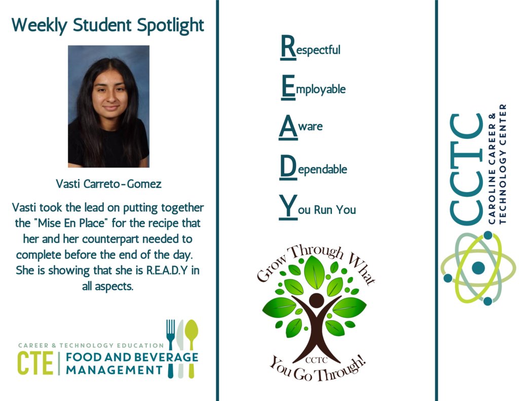 CCTC_CCPS's tweet photo. Congratulations to the following students for earning this weeks READY Student Spotlight. As always, students are nominated for being READY meaning:
Respectful
Employable
Aware
Dependable
You Run You
Keep up the amazing work, we see you! #CCTCReady
(Post 2 of 2) https://t.co/Dh6PbKqY0S