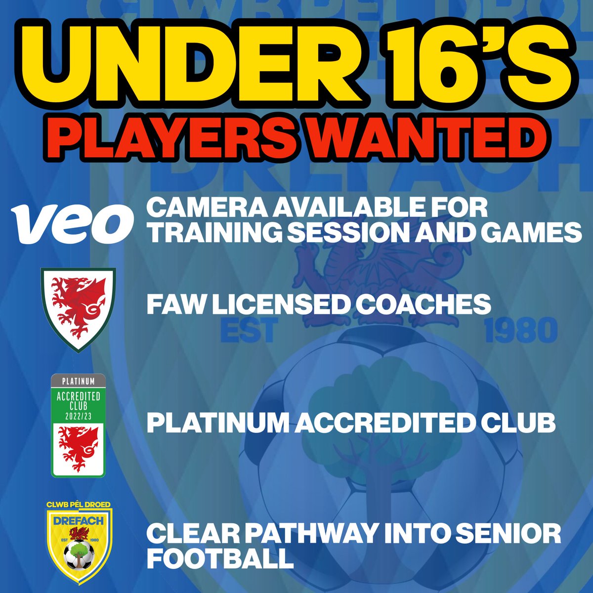 CPDDrefach's tweet photo. Due to unforeseen circumstances last season our Under 15’s team weren’t able to continue. BUT we are delighted to announce that we are looking to start up the team again for this upcoming season📆

Contact us if you are interested! 

🟡🔵 | #WeAreDrefach #NiYwDrefach https://t.co/aB90MoZ0tf