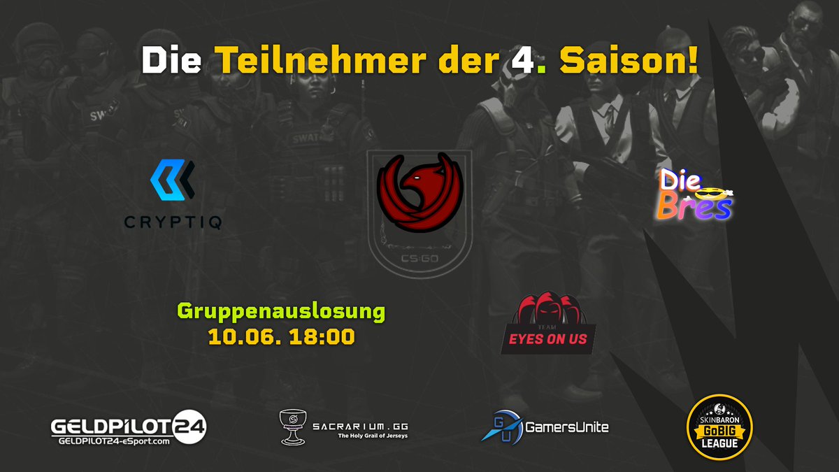 So die letzten 4 Teams stellen wir euch heute noch vor!
Am Samstag 10.06. um 18 Uhr ist es soweit, wir losen die Gruppen aus!
Mit dabei:
Cryptiq
<a href="/BrokenPhoenixCS/">Broken Phoenix</a>
DieStabilenBres
<a href="/esports_mos/">MADE OF STEEL eSports</a> Eyes On Us
#Saison4 #Demo_League