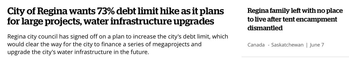 vanessakmathews's tweet photo. The juxtaposition of these two headlines on @CBCSask reflects the direction of investment in #yqr. It's an investment in projects not people. It's not fiscally sound to accrue so much debt without first addressing the issues affecting our most vulnerable #BreadNotCircuses https://t.co/VMHFC6pYDW