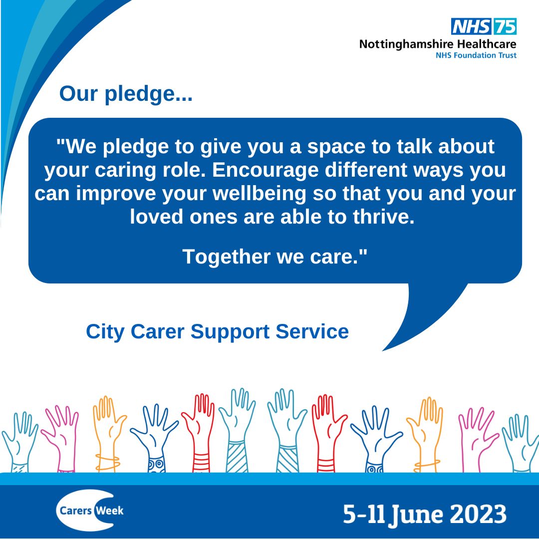 NottsHealthcare's tweet photo. City Carer Support Service make a pledge to carers for #CarersWeek and will:

"Give you a space to talk about your caring role. Encourage different ways you can improve your wellbeing so that you and your loved ones are able to thrive.” https://t.co/yhHxelpJu6