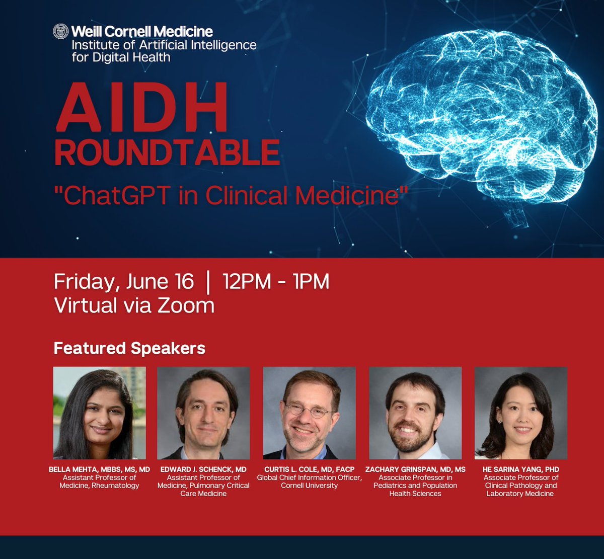 WCMCPathology's tweet photo. Register today for the WCM Institute of Artificial Intelligence for Digital Health (@WCM_AIDH) roundtable discussion, "#ChatGPT in Clinical Medicine," on June 16th and feature our @WCMCPathology colleague Dr. He Sarina Yang (@SarinaYang9). #AI #PathT

https://t.co/zh6ytnqVxA https://t.co/OumWMmvaGt