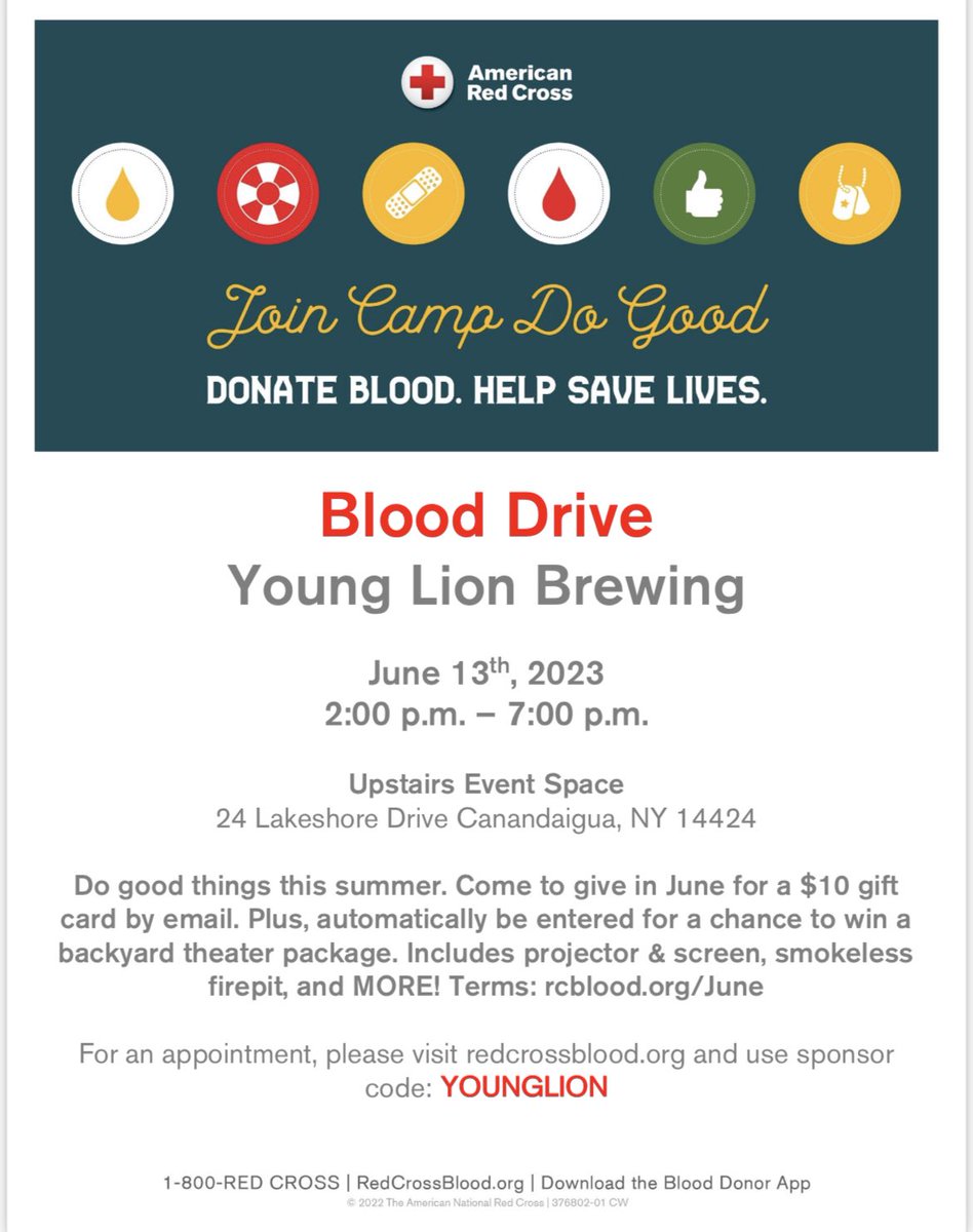 🩸❤️ Save the date! Join us on Tue, June 13th for Camp Do Good at <a href="/YoungLionBrew/">Young Lion Brewing</a>. 🏕️✨ Donate blood, save lives, and be a hero in partnership with <a href="/RedCross/">American Red Cross</a>. Visit our loft event area from 2 pm to 7 pm. Let's make a difference together! 🙌#DrinkInTheLionsDen  #AmericanRedCross