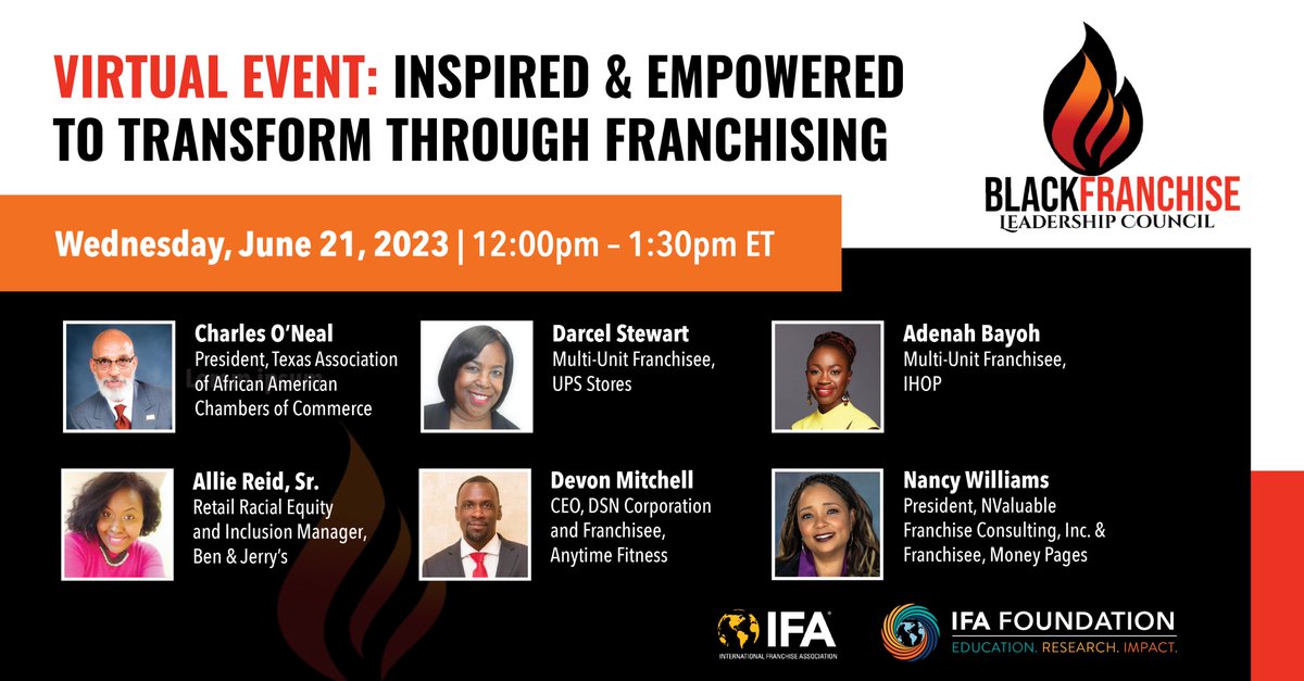 It's Black Franchise Leadership Council's favorite time of the year - honoring #juneteenth. Join us Wednesday, June 21st, at noon EST for our virtual event "Inspired &amp; Empowered to Transform Through Franchising". 

Register here: lnkd.in/gCrqDyAK