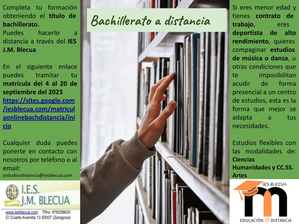La matriculación en bachillerato a distancia se hace esperar un poco más al resto de modalidades, pero en septiembre llegará su turno. Más información en iesblecua.com
