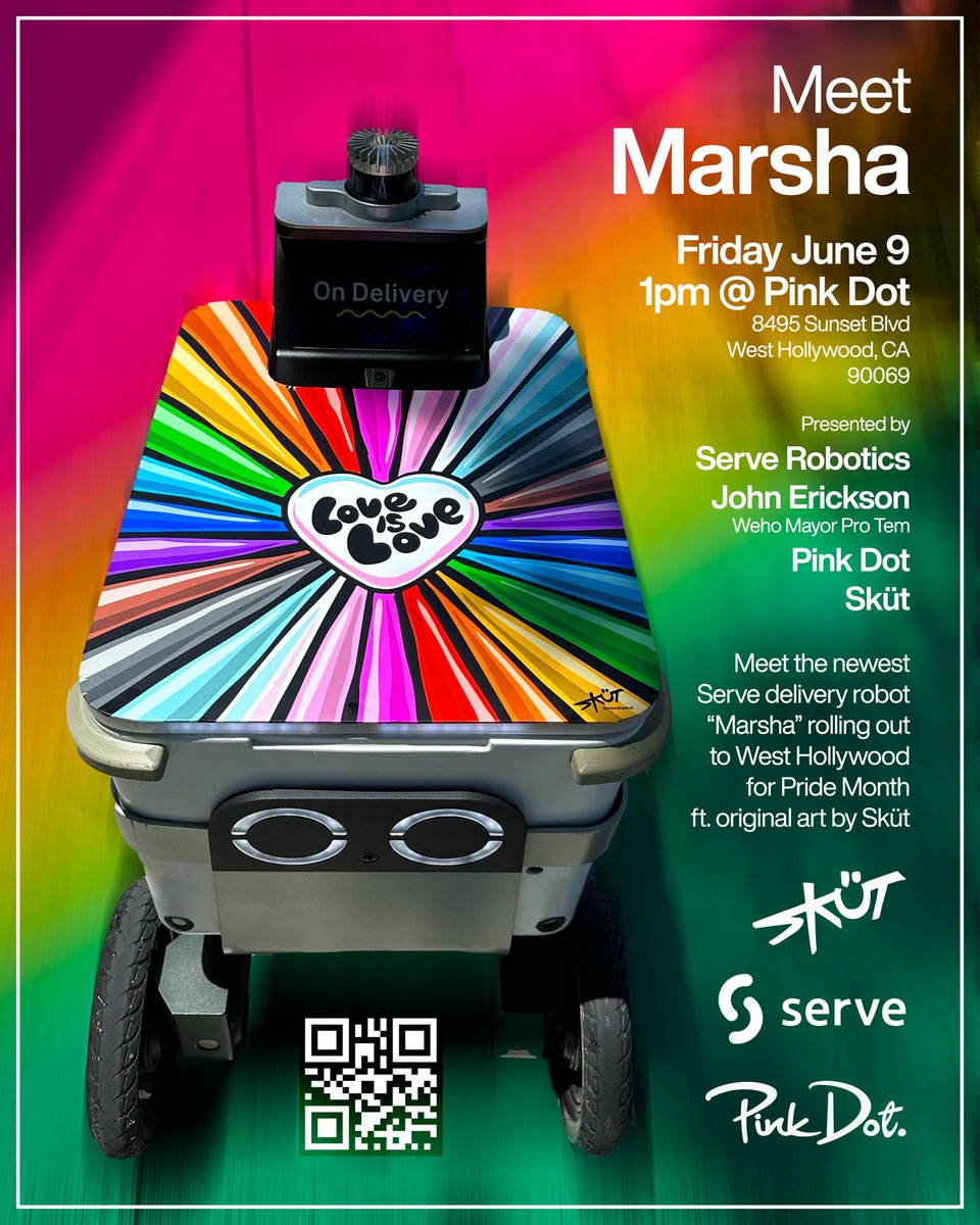 🌈 We are excited to launch our first local artist-designed robot with <a href="/inkedbyskut/">Sküt</a> in honor of #PrideMonth! 🌈

Come meet Marsha at <a href="/PinkDotDelivery/">Pink Dot</a> tomorrow in West Hollywood with <a href="/JohnEricksonWH/">John M. Erickson, Ph.D.</a>!

And keep an eye out to see her around town all June!