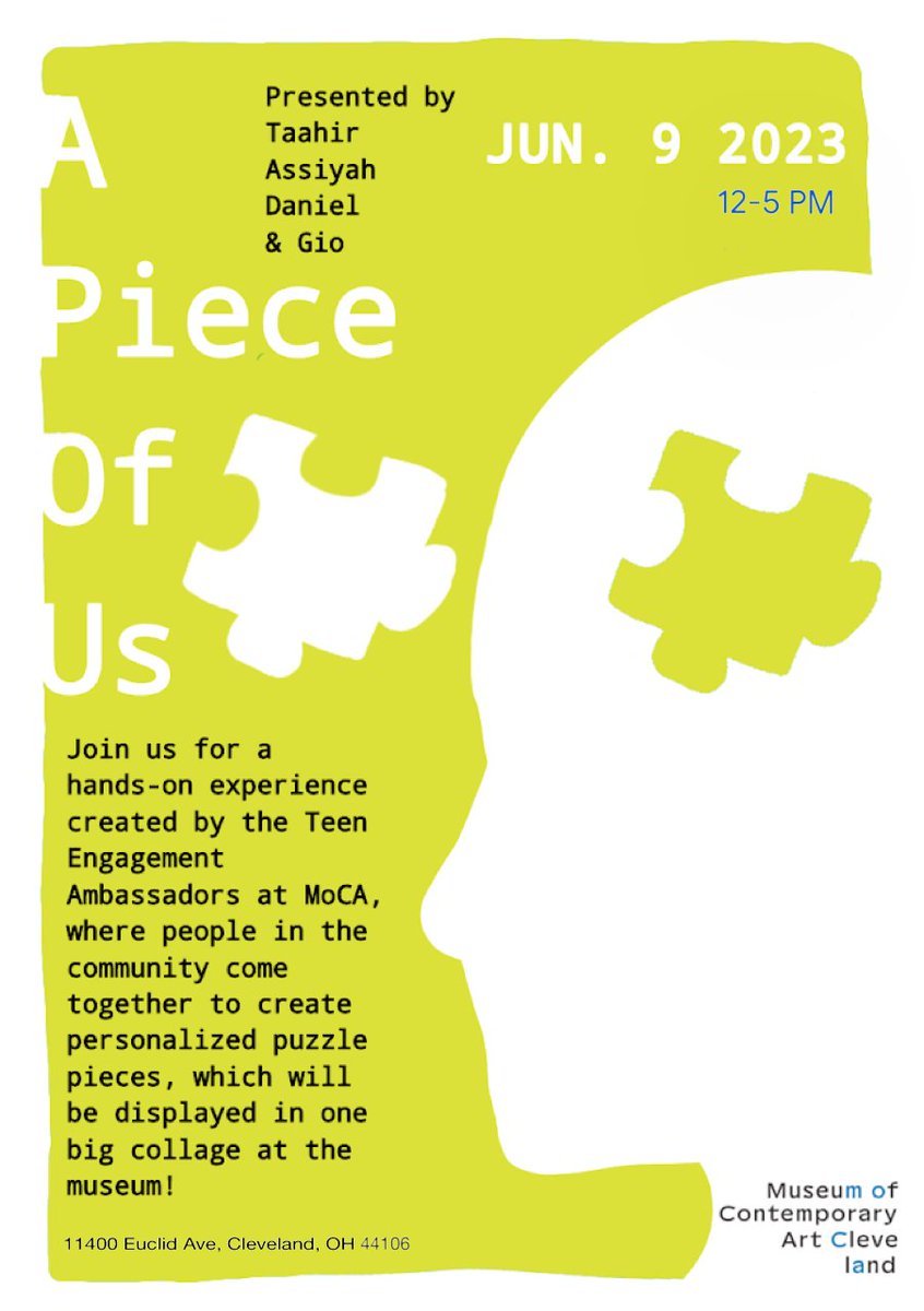 Mark your calendars for the upcoming ‘Pieces of Us’ art show on Friday, June 9th, from 12-5pm. Join us at moCa to participate in a collaborative art project made by the TEAM ambassadors to explore how self-awareness connects us through art making.