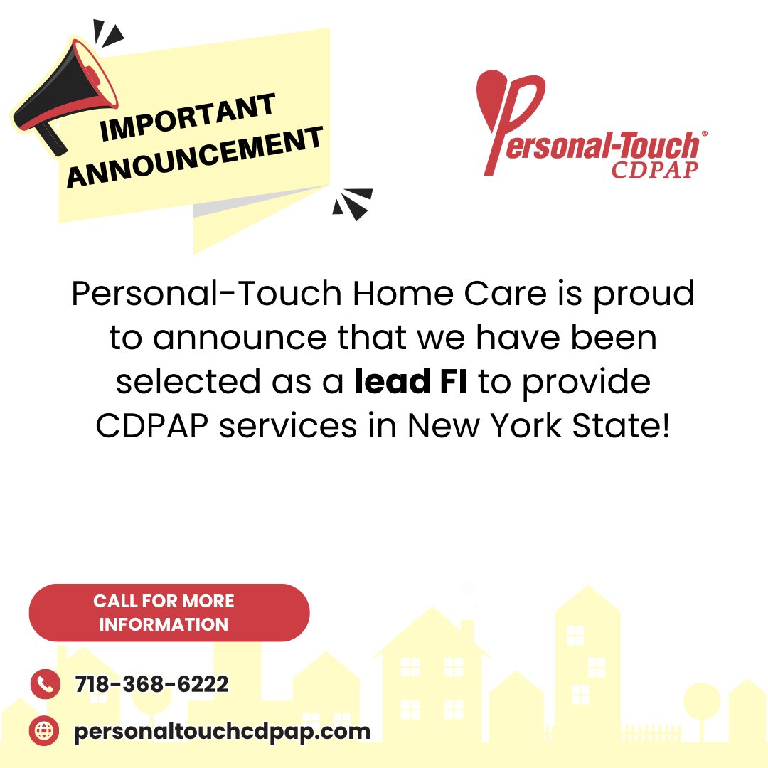 Personal-Touch Home Care is proud to announce that we have been selected as a lead FI to provide CDPAP services in New York State! Please contact 1-718-368-6222 for more information!

#pthomecare #cdpap #fiscalfi #homecare #personaltouchhomecare #cdpapprogram #cdpapny
