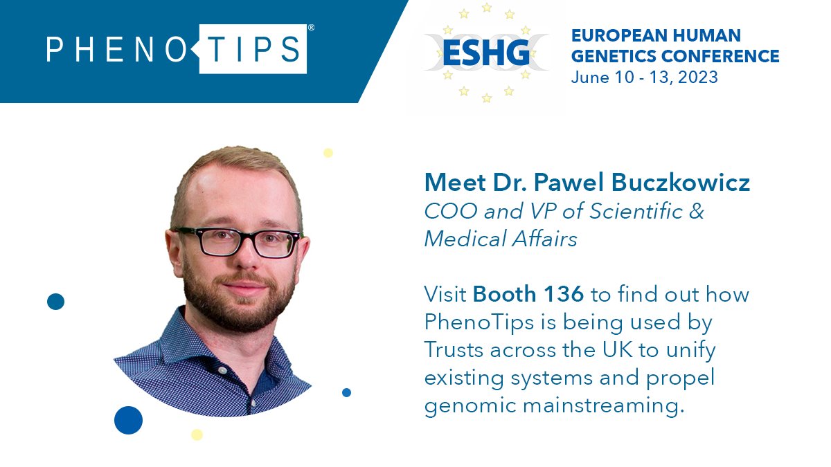 PhenoTips's tweet photo. Are you attending #ESHG2023 @eshgsociety this weekend?
PhenoTips will be exhibiting at Booth #136, stop by to meet @pbuczkowicz and discover how our Genomic Health Record is propelling #GenomicMainstreaming across the UK.
#GeneticConference #GenomicConference https://t.co/EMuLpjlCaF