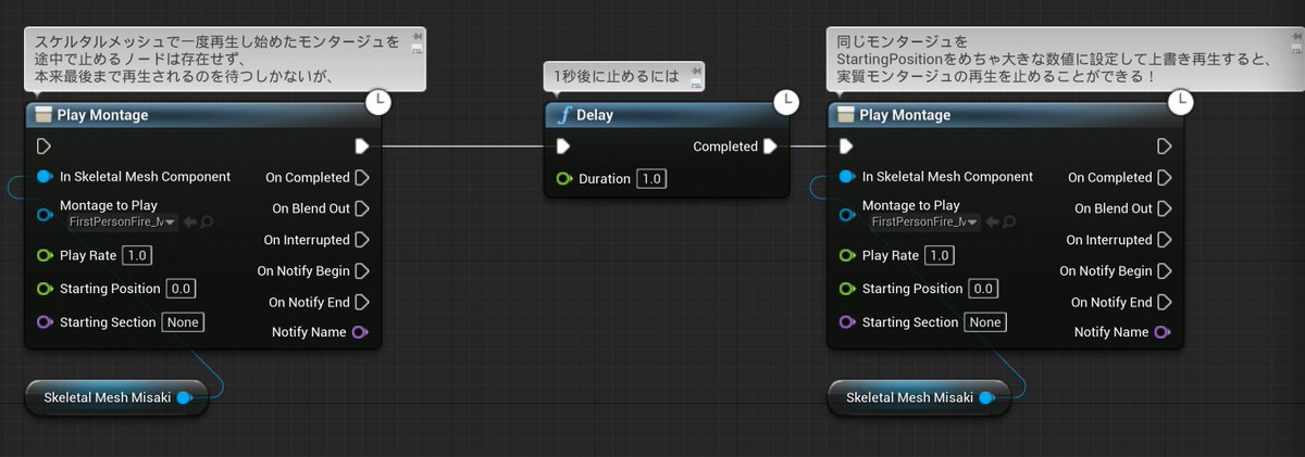 n1sh1_vr's tweet image. Skeletal meshコンポーネントでモンタージュを途中停止するノードがなくて困っていたんですが、工夫して止める方法を見出した
#UnrealEngine #UnrealEngine4