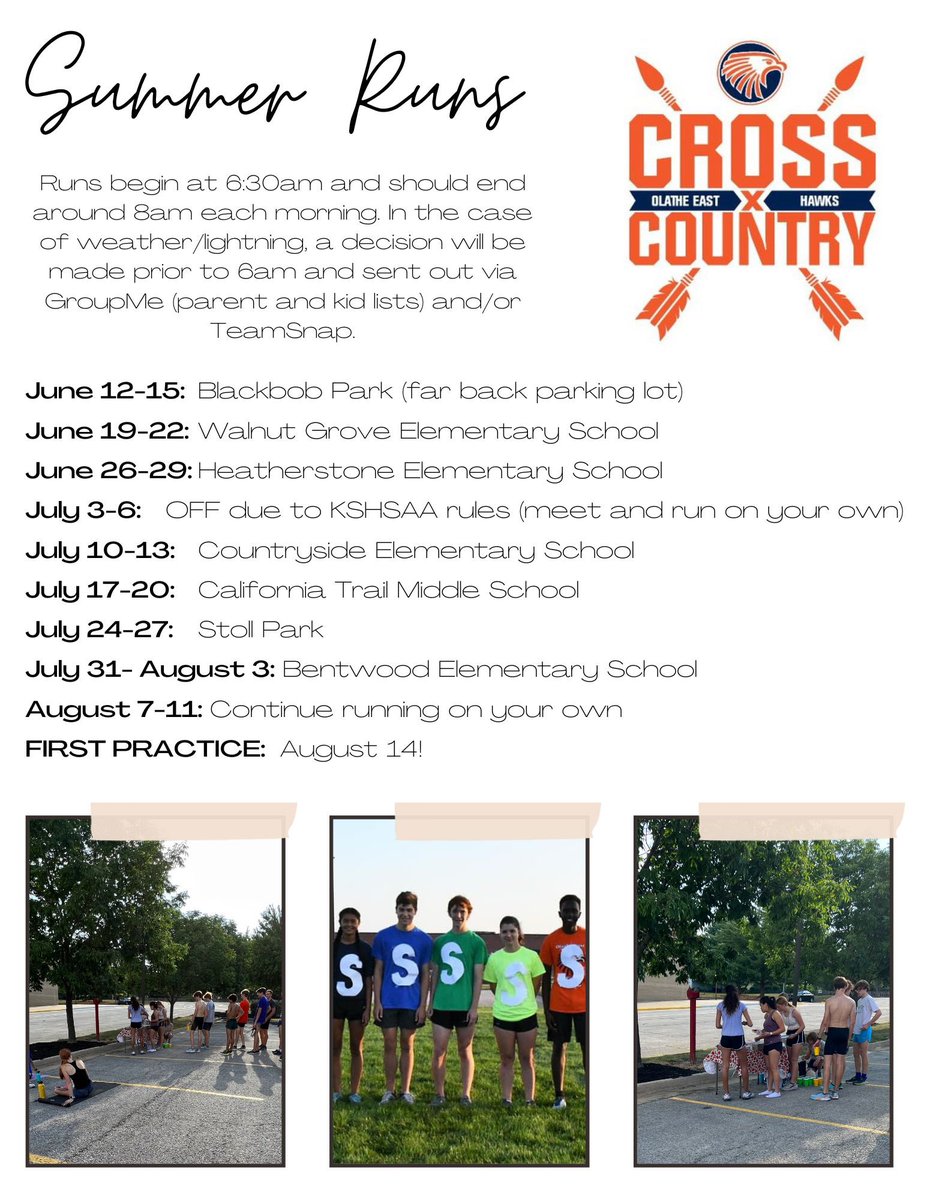 OEHawksXC (@oexc3) on Twitter photo Summer Runs Begins Monday!! 6:30am bring your friends, siblings, and whoever! Spread the word 😎 Hope to see everyone there!! Any questions contact Coach Gunn: jgunnoe@olatheschools.org Summer Runs Begins Monday!! 6:30am bring your friends, siblings, and whoever! Spread the word 😎 Hope to see everyone there!! Any questions contact Coach Gunn: jgunnoe@olatheschools.org