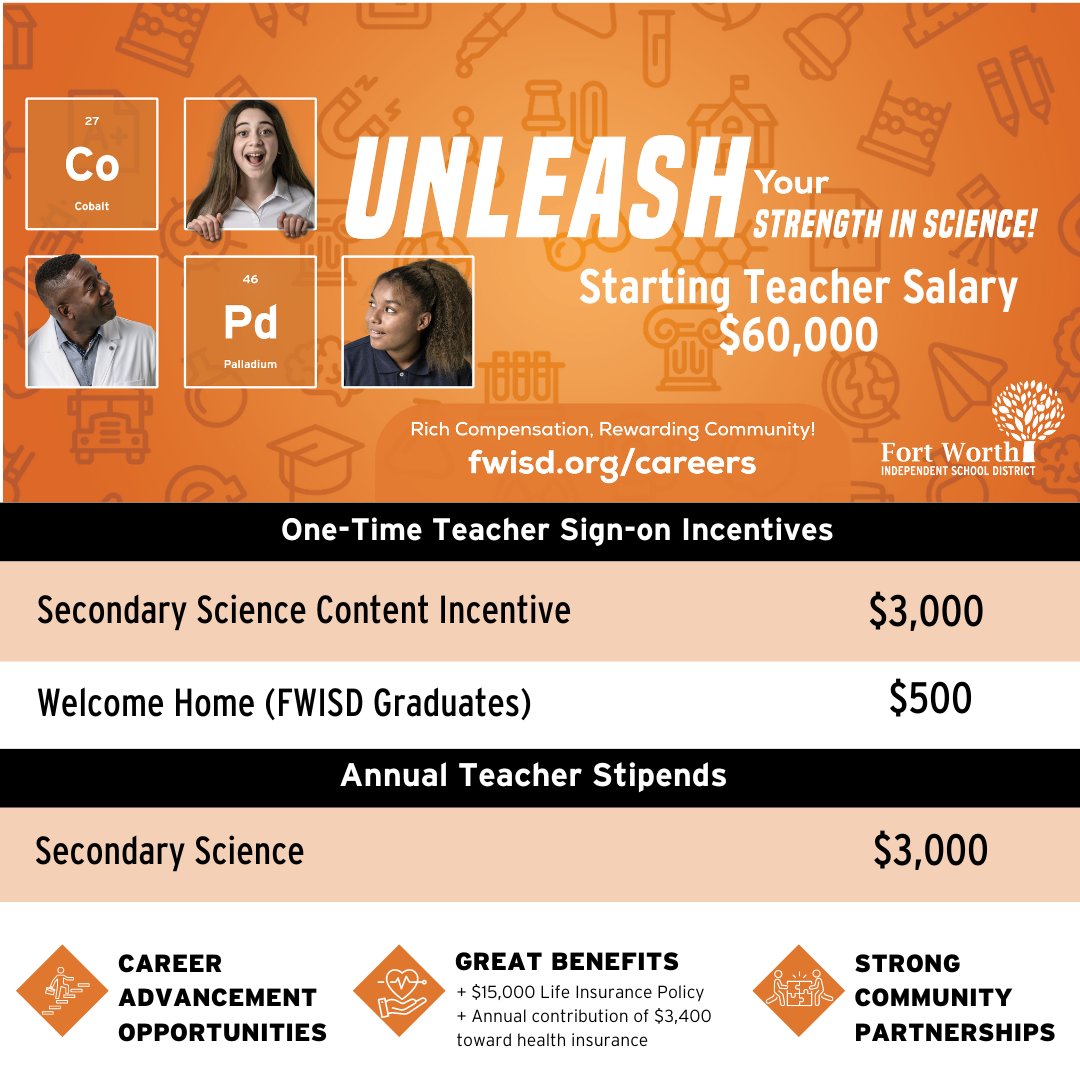 We're Hiring Science Teachers! 🧪 Take advantage of our $3,000 sign-on incentive and our $3,000 annual incentive today. APPLY NOW at fwisd.org/careers 🍎 #UnleashYourPotential #ScienceTeachers