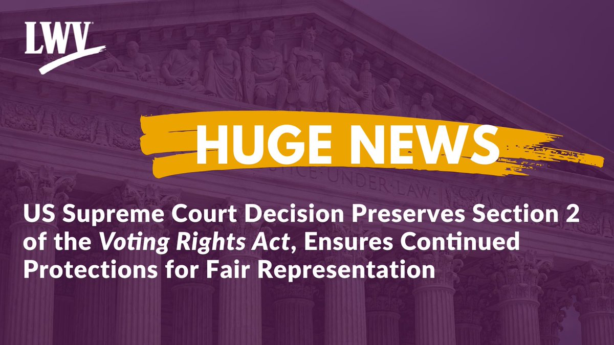 LWV's tweet photo. 🚨 Today, SCOTUS upheld in Allen v. Milligan a lower court ruling that Alabama must create a second majority Black congressional district in compliance with Section 2 of the Voting Rights Act. @LWVAL @splcenter @SRZLawFirm

Full statement: https://t.co/GOQAx1alCT https://t.co/nLDqEfzKMw