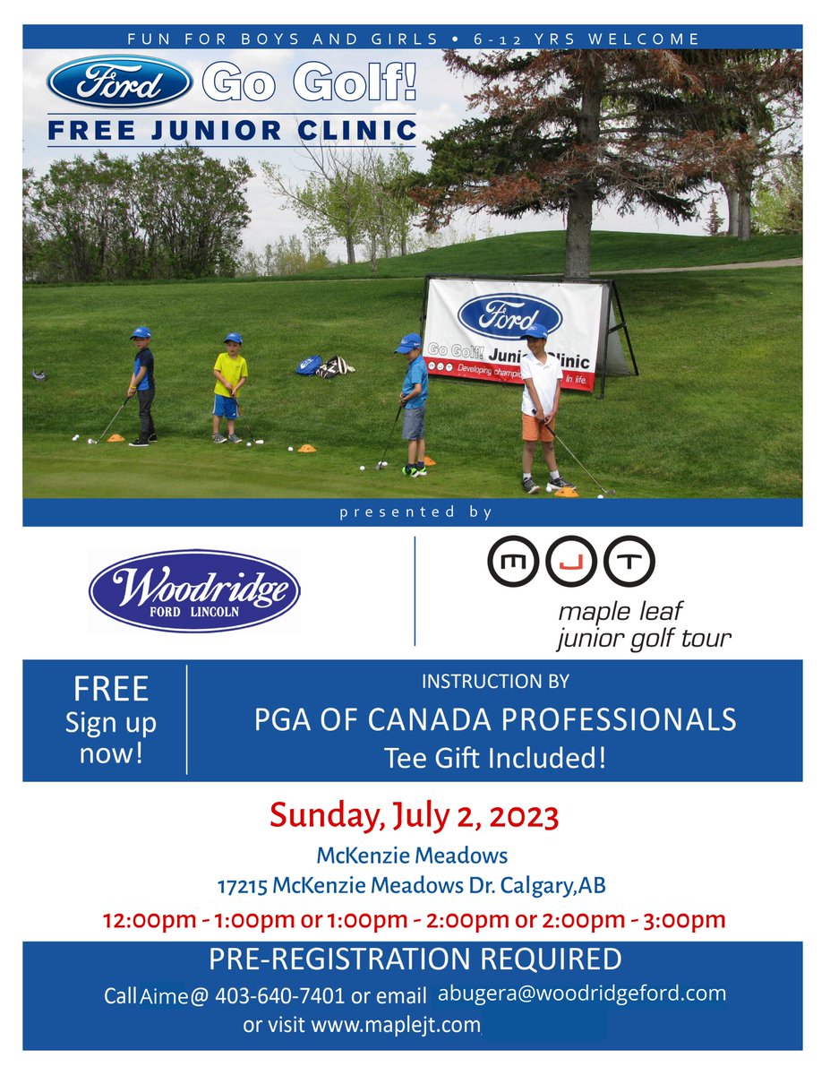 WoodridgeFord's tweet image. Have kids who would love to try their hand at golf?  Registration is open for the FREE Ford Go Golf Junior Golf Clinic hosted by @maplejt &amp;amp; @WoodridgeFord! Pre-Registration Required. Space is limited. Call Aime at 403-640-7401, or abugera@woodridgeford.com.