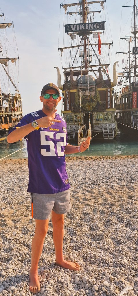 alanwallett's tweet photo. It's become a thing for years now...when I'm on vacation my @chadgreenway52 Jersey is with me. Currently in Turkey on a Viking party boat. We have clocked up New York, Mexico, Rome, London. SKOL! https://t.co/cboQ5mtOEc