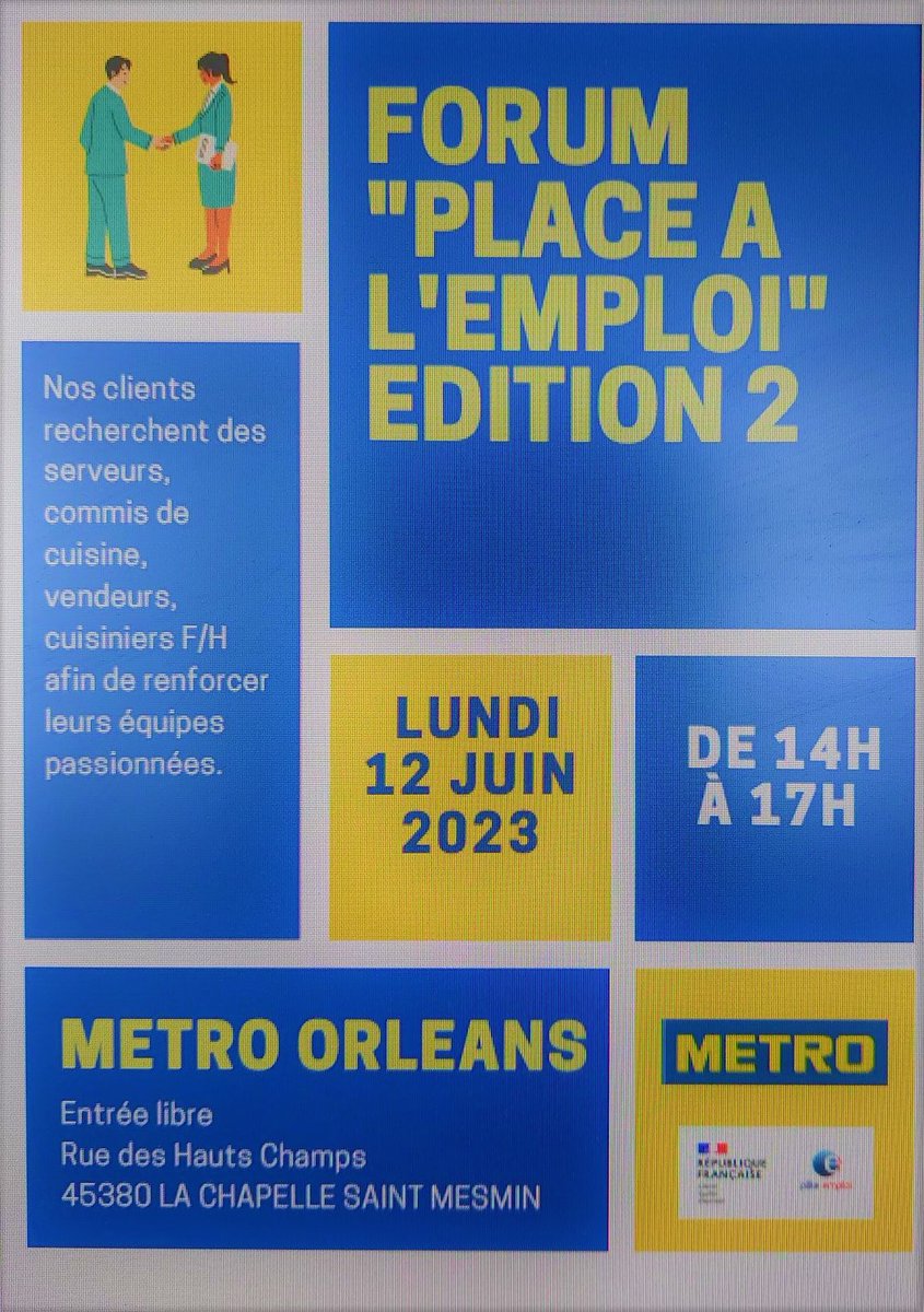 📅 Ce sera le 1⃣2⃣ juin avec l'équipe Pôle emploi Orléans Ouest #Tousmobilisés #Onestlàpourvous Venez découvrir les nombreux postes à pourvoir dans le secteur de la restauration 🍽️ @poleemploi_RCVL <a href="/patrick_boissy/">Patrick BOISSY</a> <a href="/driss_1402/">Driss BOUGATTAYA</a>