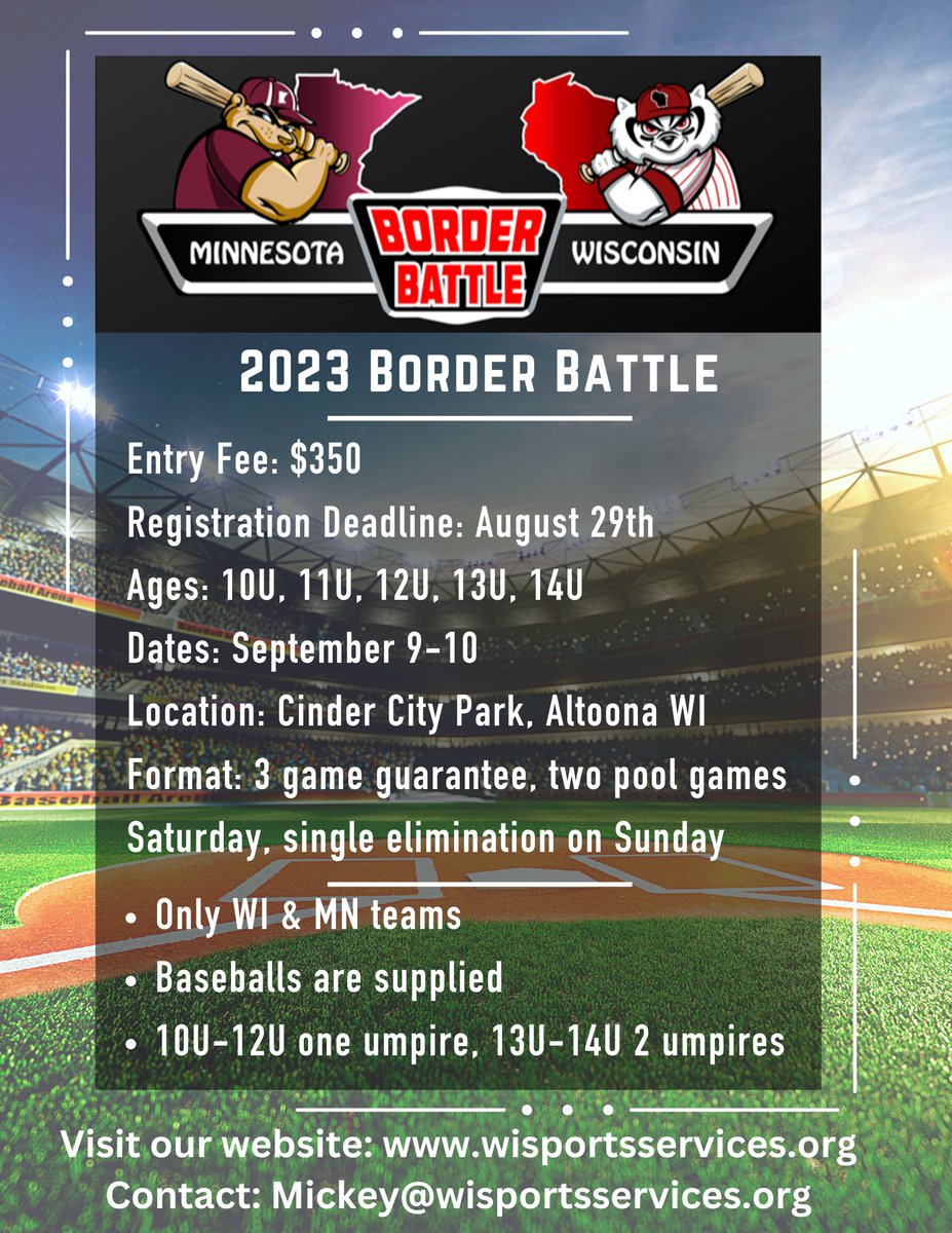 Minnesota Youth Athletic Services and Wisconsin Sports Services are excited to hold the third annual MN vs. WI Border Battle.

More info: wisportsservices.org/page/show/2878…