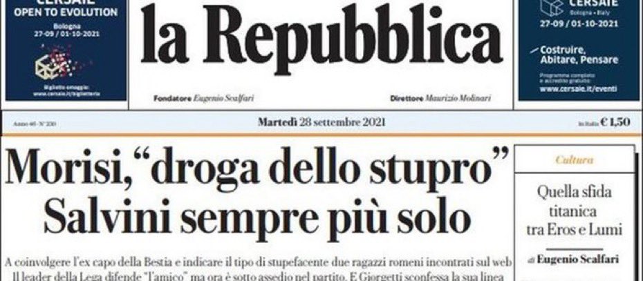 Io ricordo la “droga dello stupro” di Morisi a 5 giorni dal voto (successivamente archiviata). 
E voi sareste i garantisti che pretendono le scuse su #Bibbiano con un processo ancora aperto e 17 persone indagate? 
#8giugno