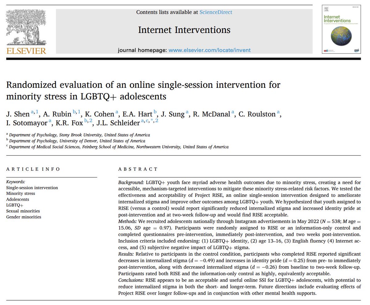 Taking a brief hiking interlude because* our (@KathrynFoxR's + my lab's) team science-driven trial on Project RISE—an online SSI for internalized stigma in LGBTQ+ youth—is now published in <a href="/iInterventions/">Internet Interventions</a>!

(*also bc my legs are jelly &amp; demand a break)

🧵doi.org/10.1016/j.inve…