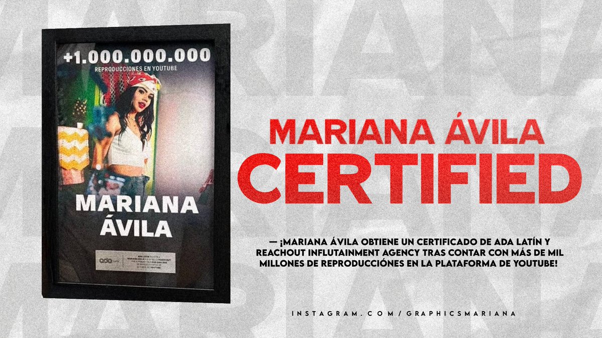 aboutkeniaos's tweet photo. Mariana Ávila (@MarianaAvilaTw) recibe un Certificado de ADA Latín y ReachOut Influitainment Agency tras contar más de 1.000.000.000 de reproducciones en la plataforma de YouTube! https://t.co/dIN9axErLB