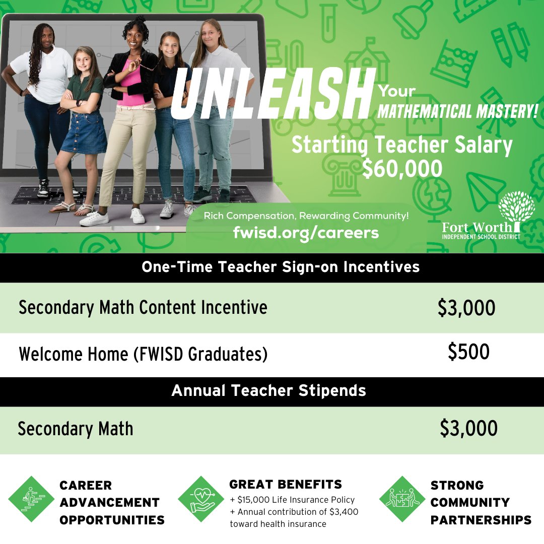 We're Hiring Math Teachers!  Take advantage of our $3,000 sign-on incentive and our $3,000 annual incentive today. APPLY NOW at fwisd.org/careers 🍎 #UnleashYourPotential #MathTeacher🧮