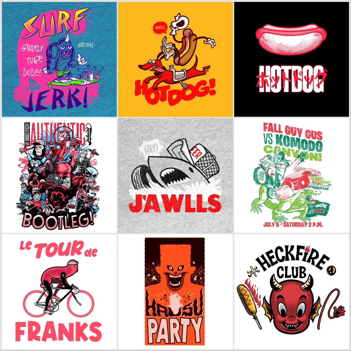I live where it’s summer year round, so you’ll find a lot of my work reflects that to some degree…#sale’s on! Get yer #summer gear here! teepublic.com/user/gimetzco #hotdog #jaws #surfing #akira #tourdefrance #hausu #houseparty #hellfireclub #stuntbike